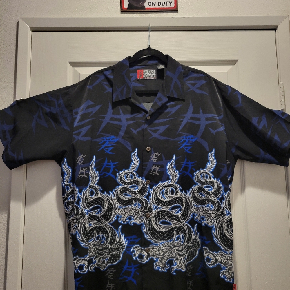 Black and Blue Chinese Dragon Casual Button Down Shirt